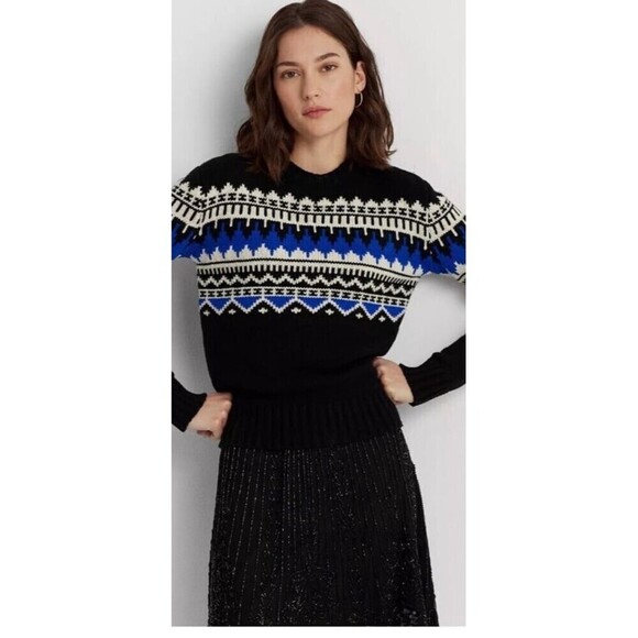Women's Polo Ralph Lauren Fair Isle Wool Blend Crewneck Large Sweater Black Blue - Picture 5 of 12